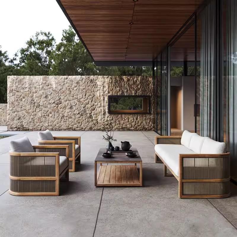 户外沙发庭院柚木藤防水防晒别墅花园露天阳台休闲实木家具组合