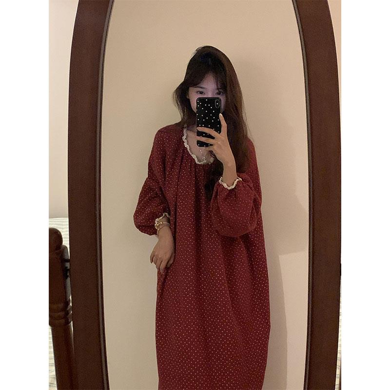 甜美碎花棉纱女士睡衣春秋季新款双层纱布大码睡裙家居服连衣裙子