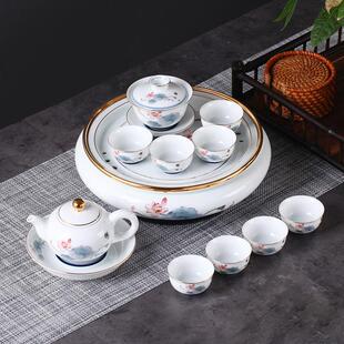 羊脂玉陶瓷功夫茶具套组配圆形茶盘手绘荷花茶杯茶壶描金简约送礼