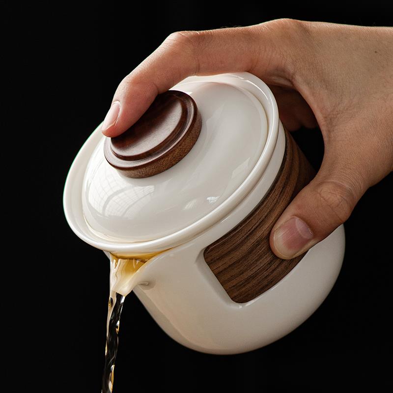 羊脂玉瓷手抓壶单壶盖碗茶杯防烫白瓷泡茶壶茶水分离家用功夫茶具