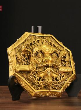 狮咬剑摆件全黄铜牌八卦镜大门窗口风水狮子虎头牌吞口兽瑞兽挂件