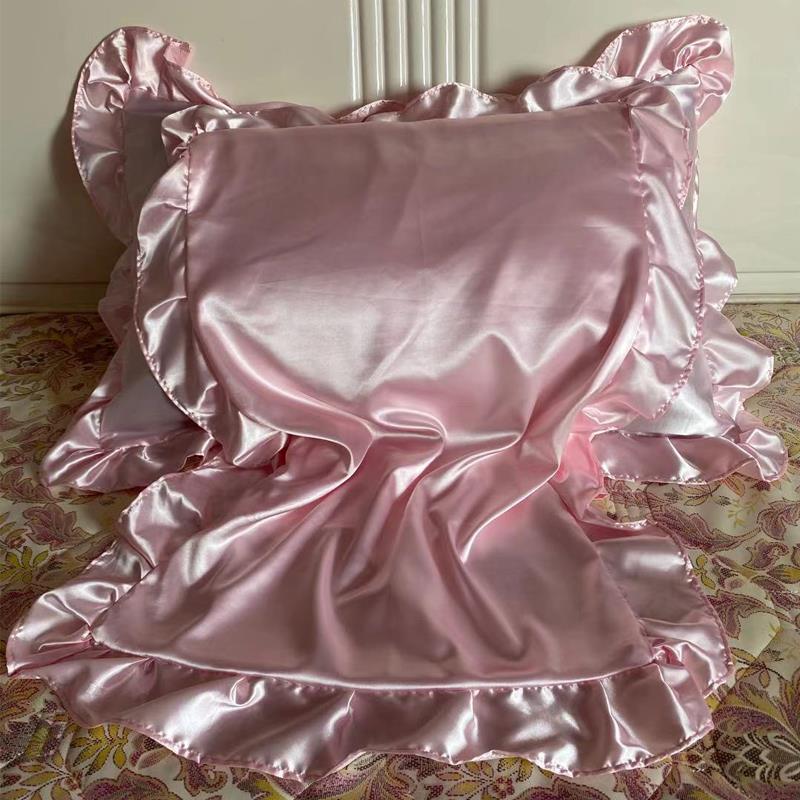 纯色枕套凉感丝滑公主风花边单人长方形枕巾情侣整头套超柔软舒适