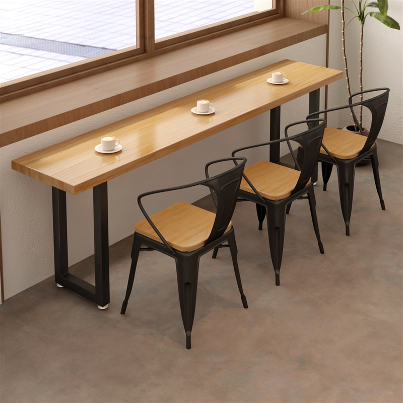 铁艺实木长条窄h桌快餐店食堂小吃店靠墙靠窗边桌酒吧矮吧桌子组