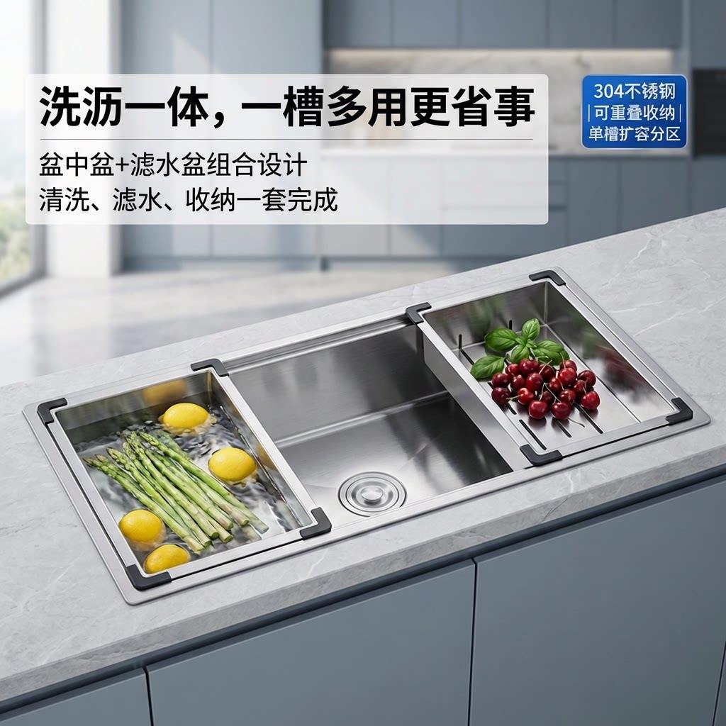 304加厚不锈钢水槽盆中盆单水槽变双水槽洗菜盆手工大盆沥水篮