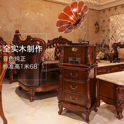 留声机覆古黑胶唱片电唱机客厅彷古涡轮唱臂铜喇叭一体音响全实木