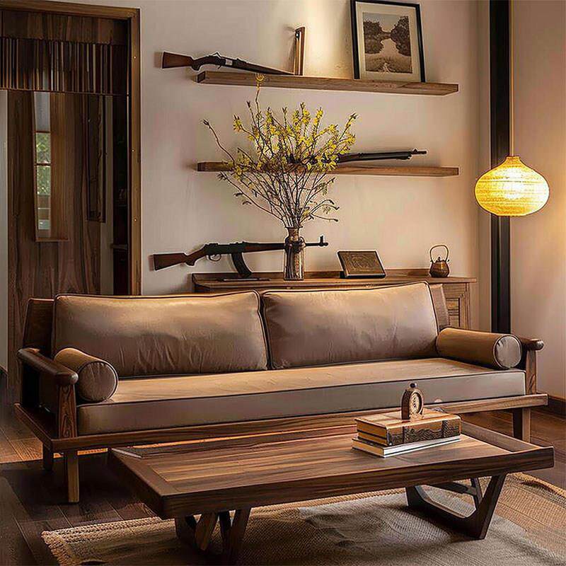 新中式实木沙发组合客厅办公室黑胡桃木直排大公寓真皮艺术接待沙