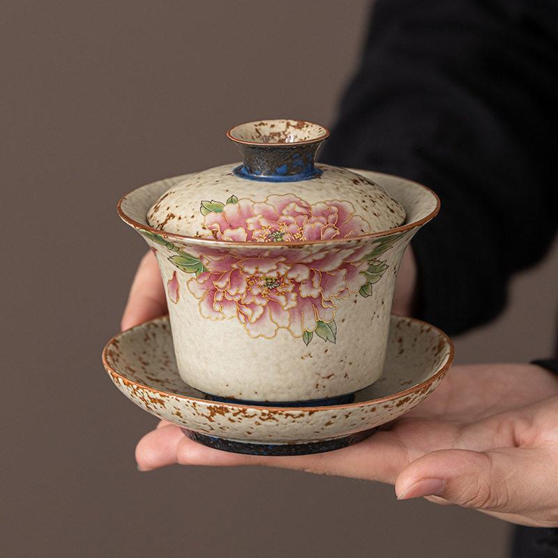 陶瓷三才盖碗青花火石红描金花纹功夫茶具家用带盖泡茶碗茶杯礼盒