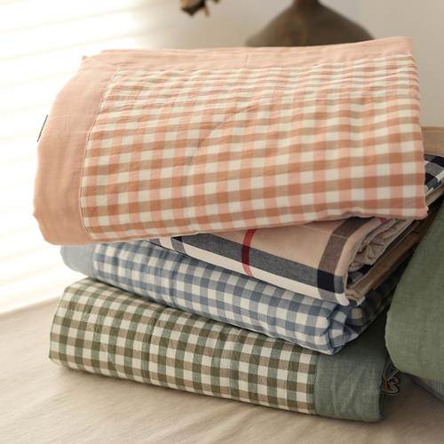 日式纯棉水洗棉夏凉被棉花薄被子单双人简约格子空调被 1.5可机洗