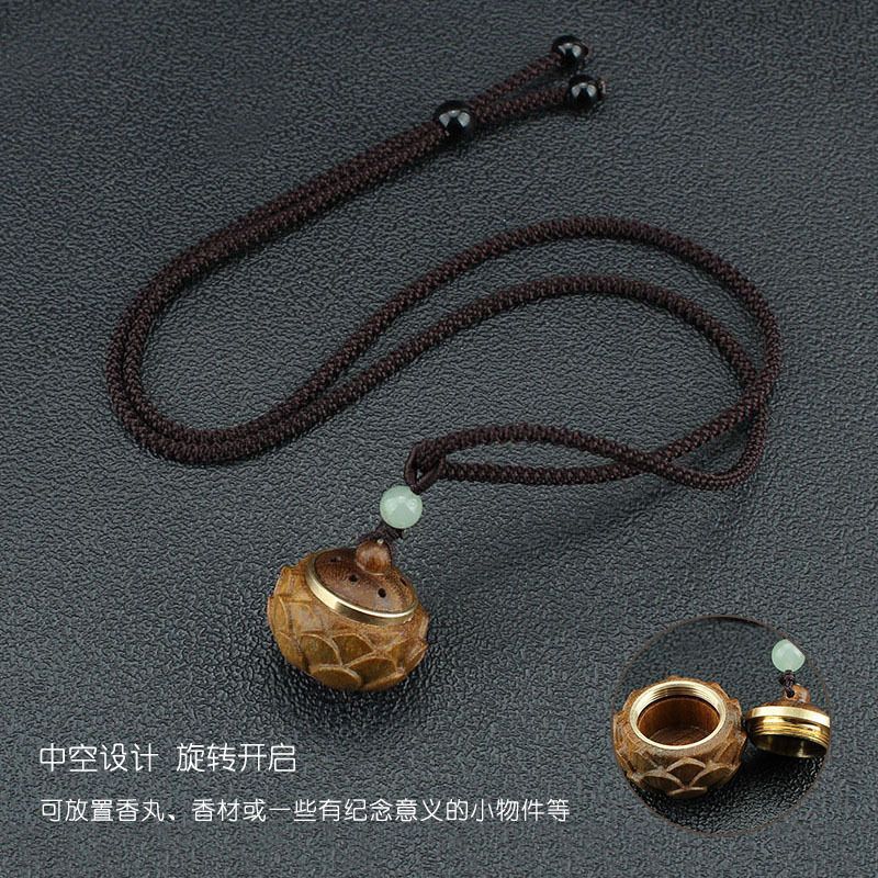复古绿檀木香囊吊坠项链可打开