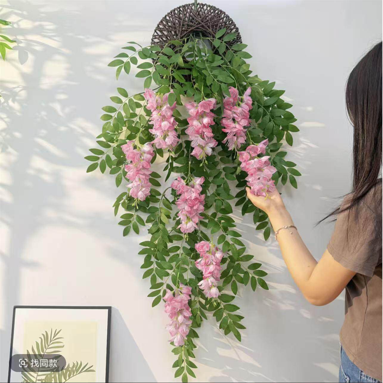 彷真紫藤花壁挂彷真风铃花灯笼吊兰墙面装饰花藤垂吊室内室外造景