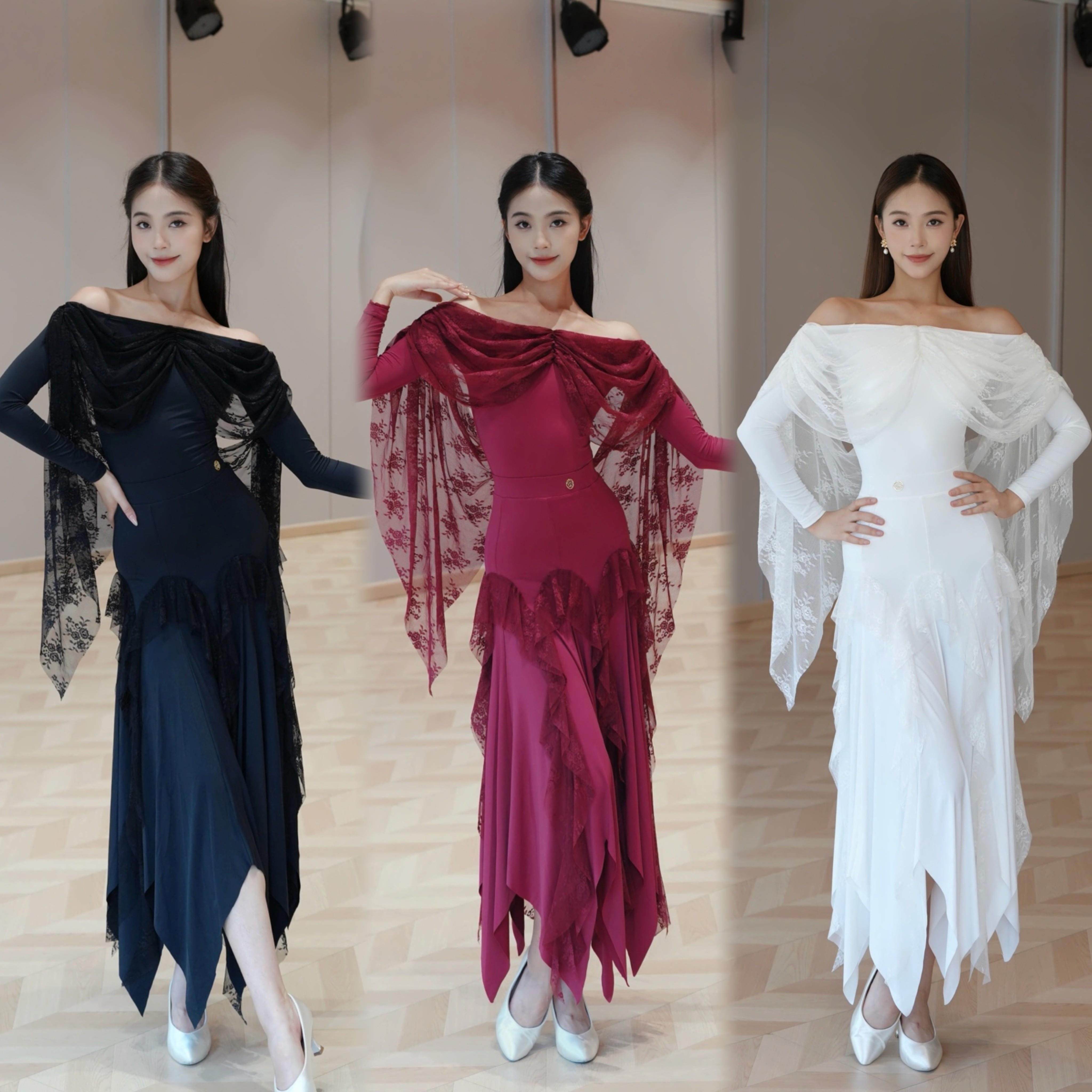 jinn舞服摩登舞服新款练功服演出服黑白红蕾丝飘纱一字上衣半身裙