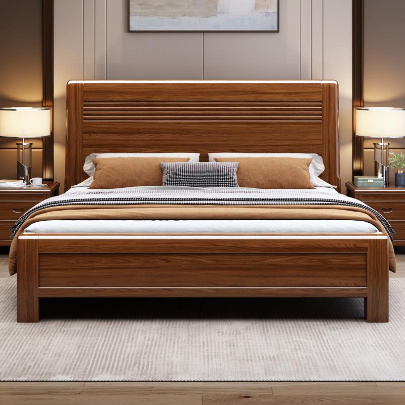 新中式全纯实木床1米5单人出租房用木床1米8主卧双人高箱储物大床