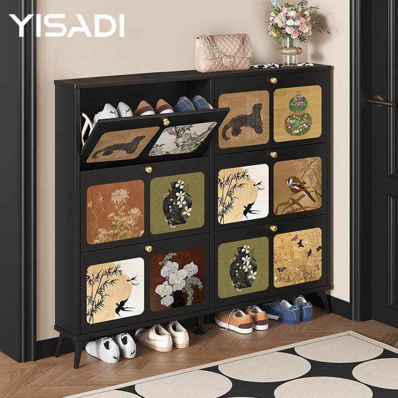 中国风黑色超薄鞋柜家用门口入户玄关柜翻斗鞋柜薄款楼道口窄鞋架