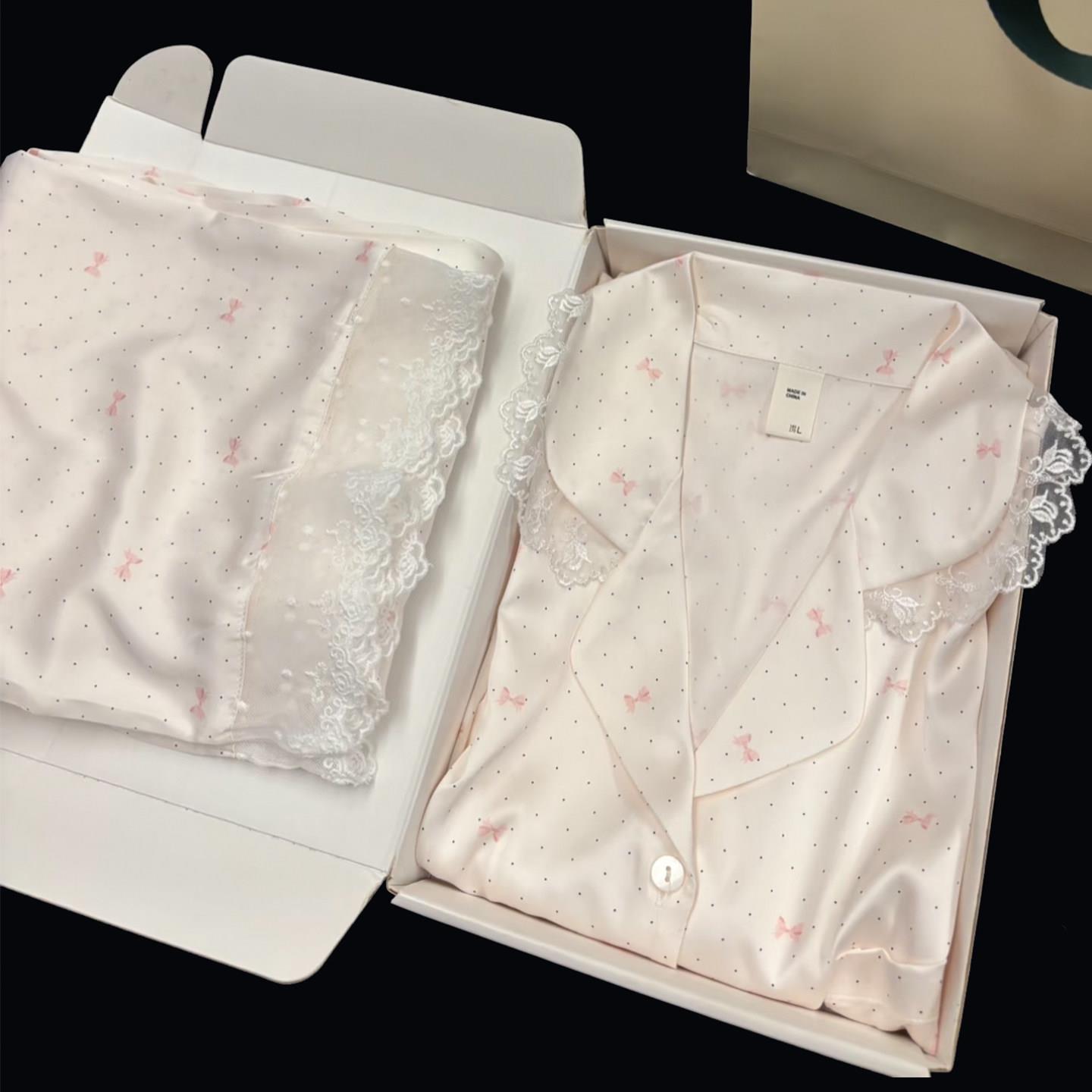 秋季新款波点蝴蝶结女士冰丝睡衣甜美蕾丝花边长袖长裤家居服套装
