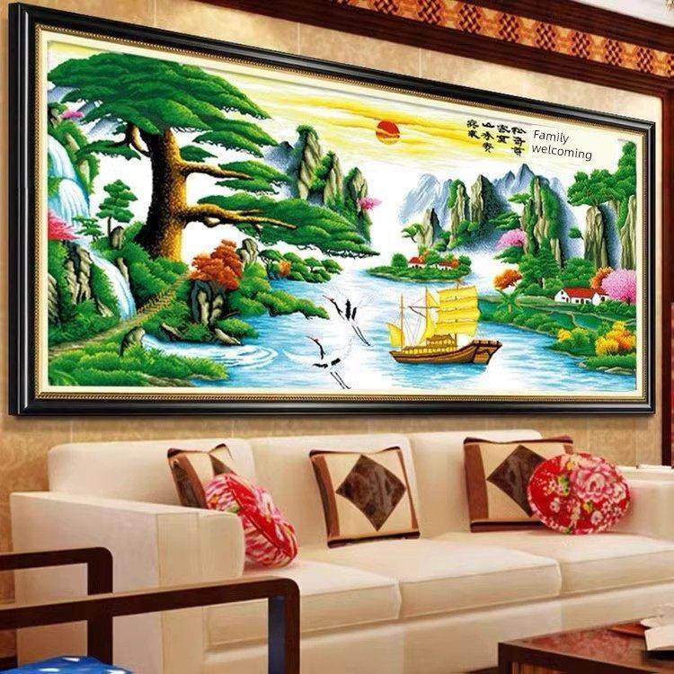 十字绣迎松山水画成品纯手绣大财版客厅风景装饰挂,居家布艺,十字绣成品,淘宝优惠券,粉丝福利购,淘宝优惠卷