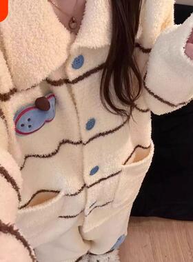 2025新款针织半边绒睡衣女冬季加厚保暖可外穿家居服套装大码红色