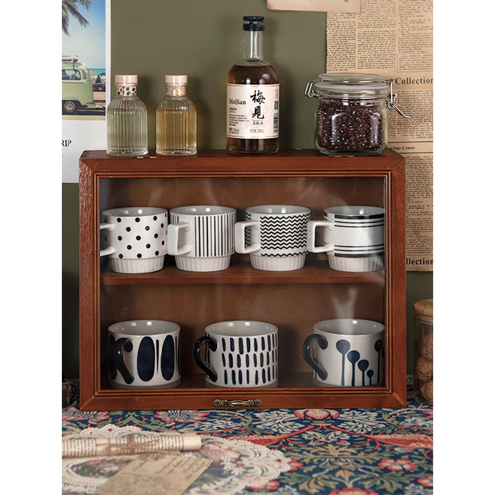 复古桌面马克杯收纳盒咖啡杯子茶具展示柜实防尘木水杯化妆品木质