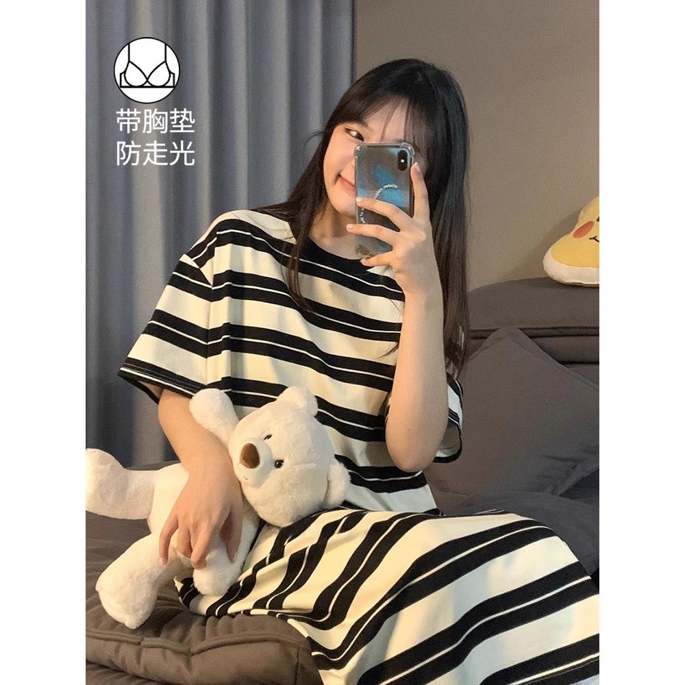 晚眠带胸垫睡裙女夏季薄款纯棉短袖条纹2025年新款睡衣裙大码夏天