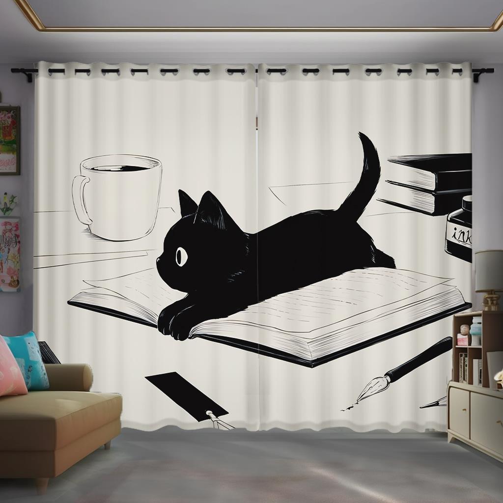 卡通全遮光窗帘儿童房间可爱飘窗ins风墨水猫女生卧室书房定制布