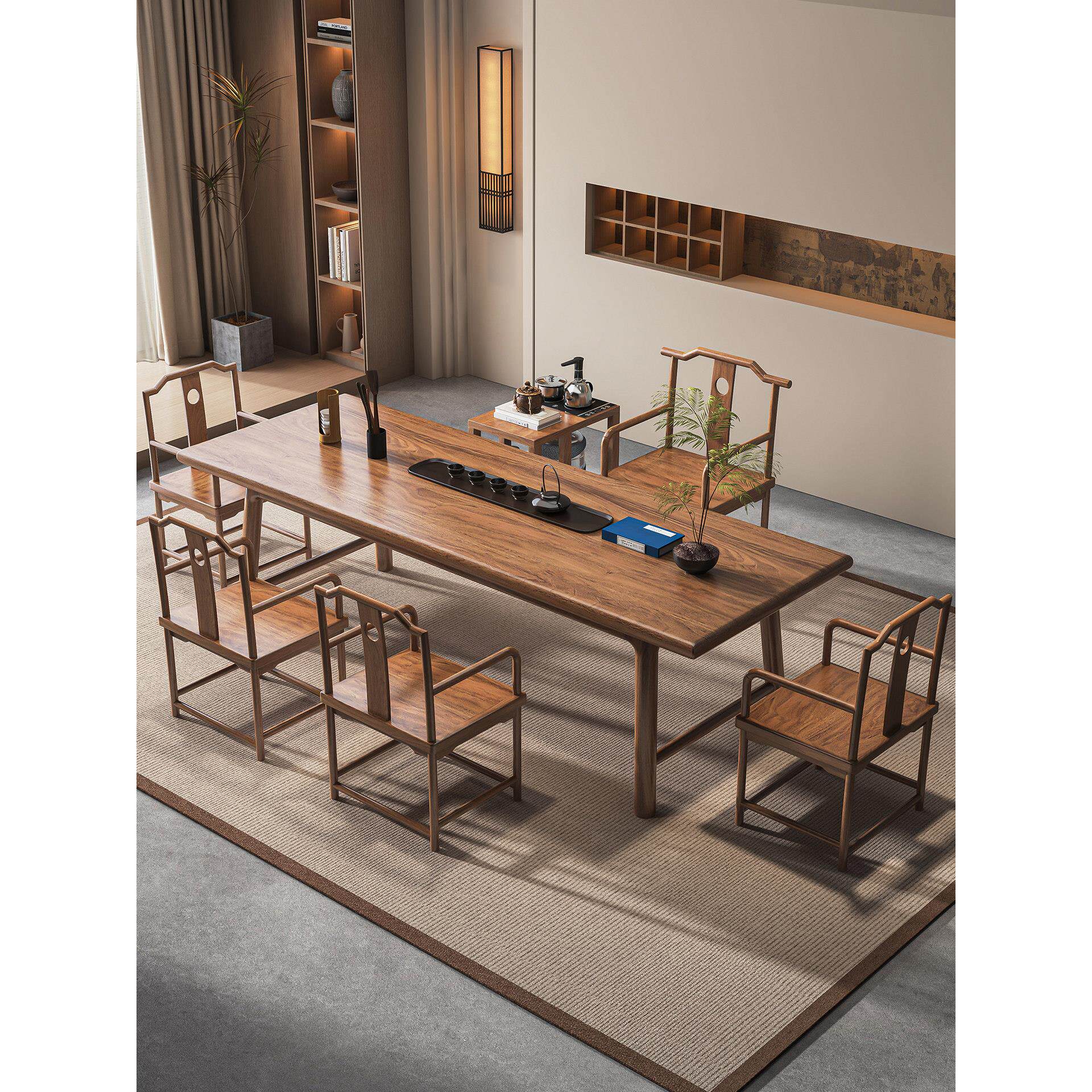 胡桃木实木大板茶几椅组合新中式家居茶几现代高端办公茶几