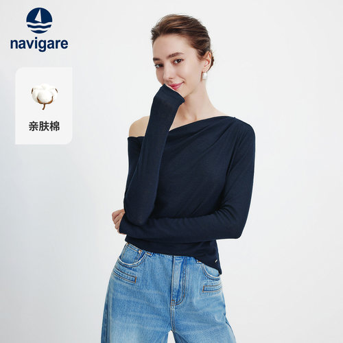 Navigare意大利小帆船秋季新款女士法式斜肩长袖T恤修身露肩上衣