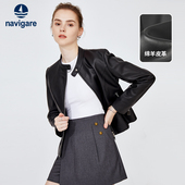 Navigare意大利小帆船真皮皮衣女黑色时尚 百搭外套立领短款 机车服