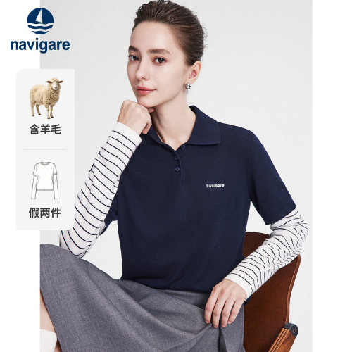 Navigare小帆船2026秋季新款通勤弹力假两件宽松长袖女翻领针织衫