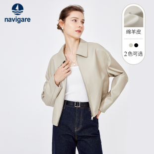 翻领百搭皮夹克外套 新款 Navigare意大利小帆船休闲短款 皮衣女秋季