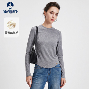 灰色百搭圆领修身 Navigare小帆船2026秋季 女长款 T恤羊毛打底上衣
