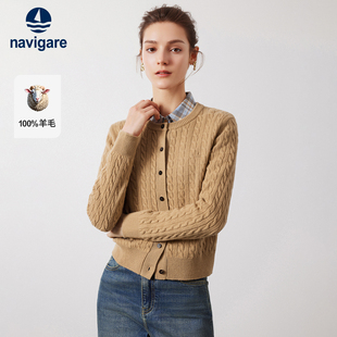 【纯羊毛】Navigare意大利小帆船绞花毛衣女秋季圆领女装针织开衫