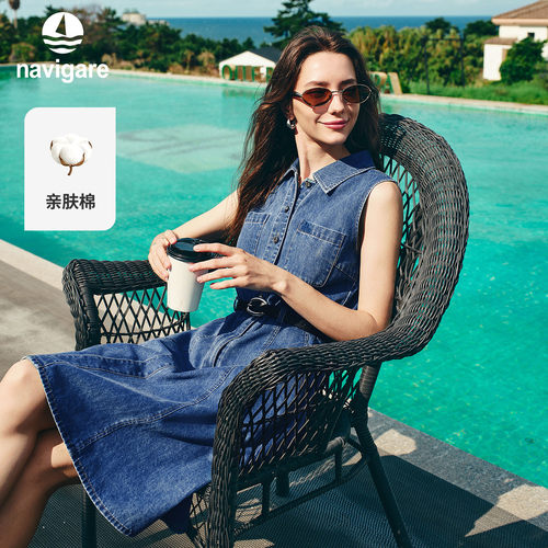 Navigare意大利小帆船2026夏季新款复古无袖翻领牛仔中长连衣裙女