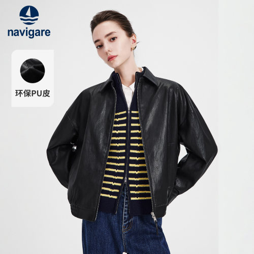 Navigare小帆船2026秋季新款休闲翻领女士黑色皮衣夹克宽松短外套