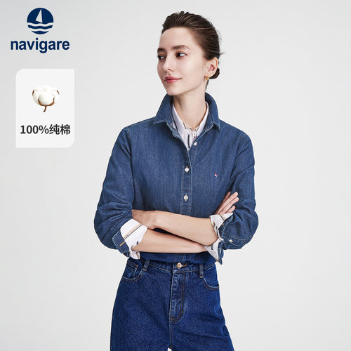 [纯棉]Navigare小帆船2026秋季新款复古翻领上衣女士牛仔衬衫外套