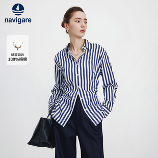 新款 女士2025秋季 纯棉衬衣 衬衫 Navigare意大利小帆船蓝色条纹长袖