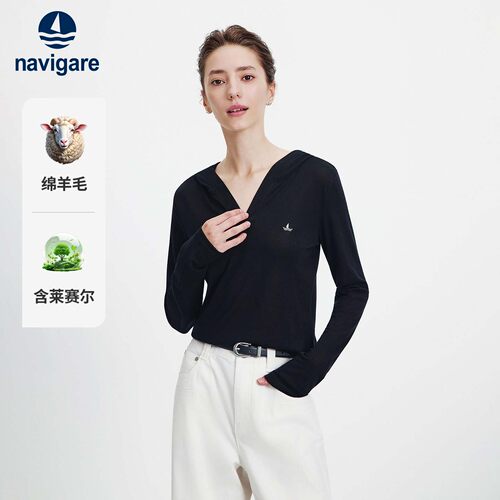 Navigare意大利小帆船2026春季女士V领连帽长袖高弹透气针织T恤衫