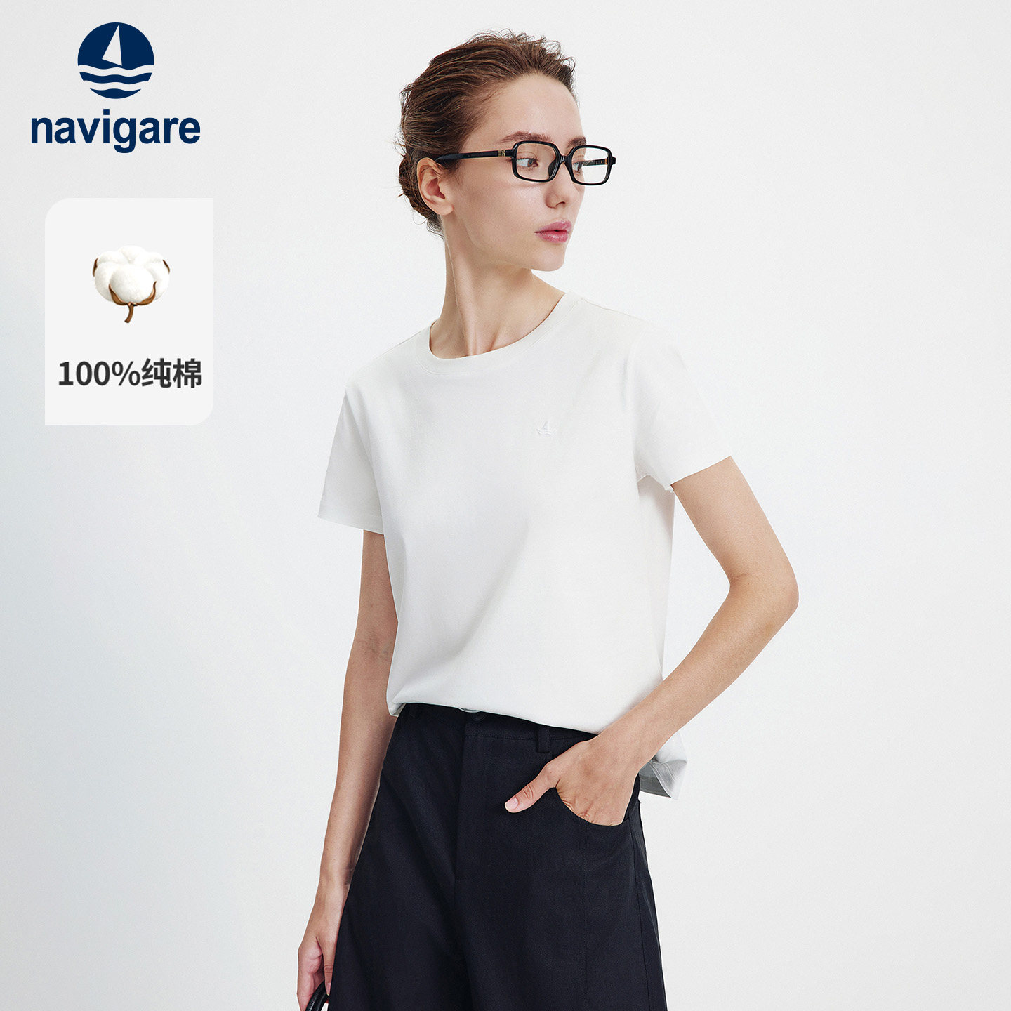 [纯棉]Navigare意大利小帆船2026夏季新款短袖T恤白色柔软上衣女