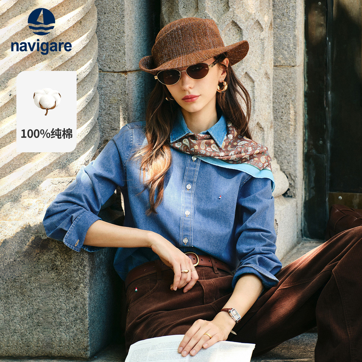 [纯棉]Navigare小帆船2026秋季新款复古翻领女士蓝色百搭牛仔衬衫图片