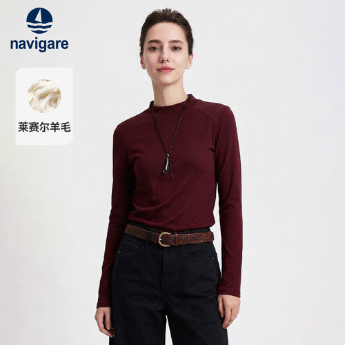 Navigare小帆船2026秋季长袖T恤女士羊毛打底衫修身红色弹力上衣