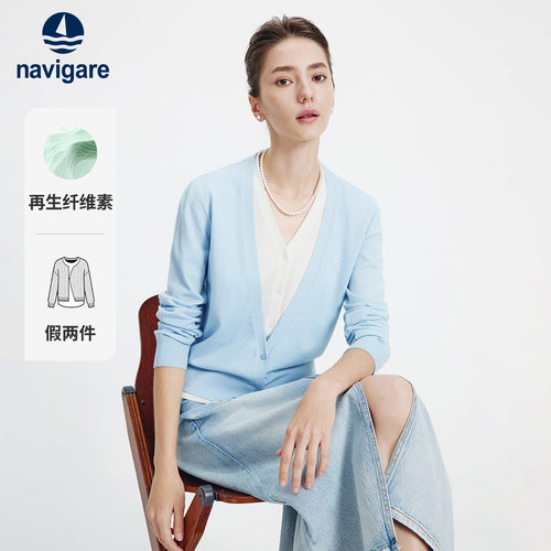 Navigare意大利小帆船秋季新款灰色女针织开衫撞色假两件V领上衣