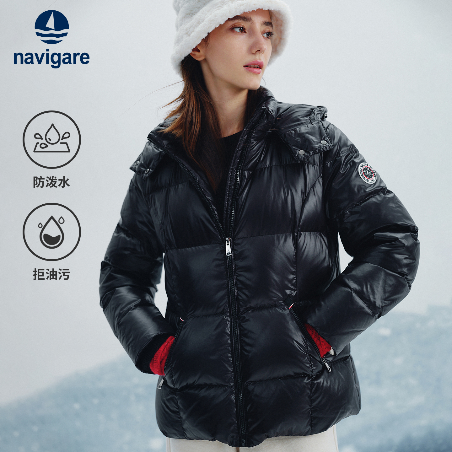 [三防]Navigare意大利小帆船连帽羽绒服女士冬季新款黑色短款外套