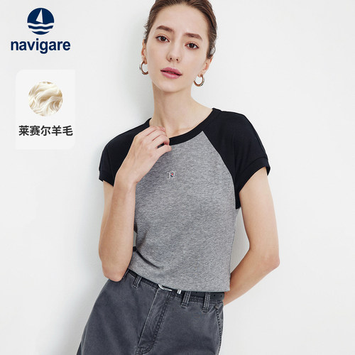 Navigare意大利小帆船26夏季新款短袖高弹撞色女士修身圆领T恤衫