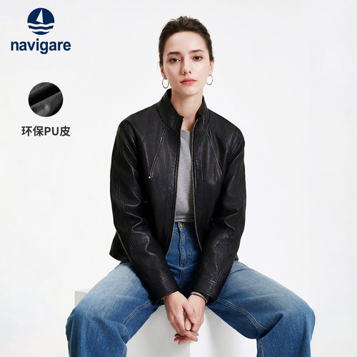 Navigare小帆船2026秋季美拉德风黑色夹克宽松休闲短款皮衣外套女