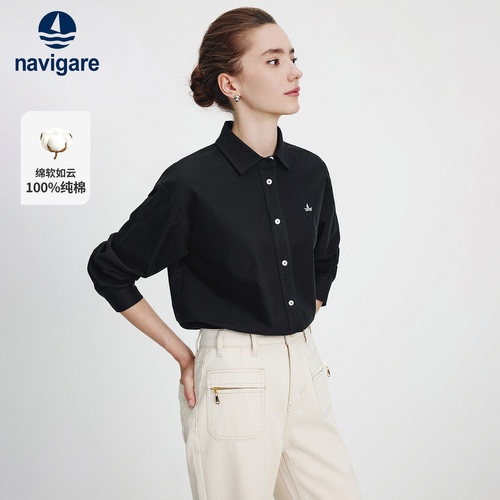 Navigare意大利小帆船纯棉衬衫女士上衣2026秋季新款通勤长袖衬衣