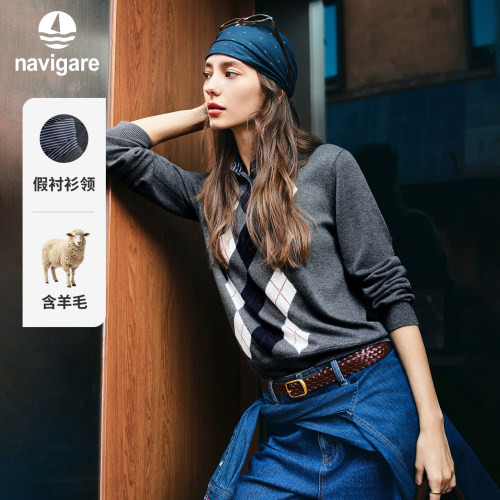 Navigare小帆船2026秋季新款英伦风女士假两件毛衣弹力翻领针织衫