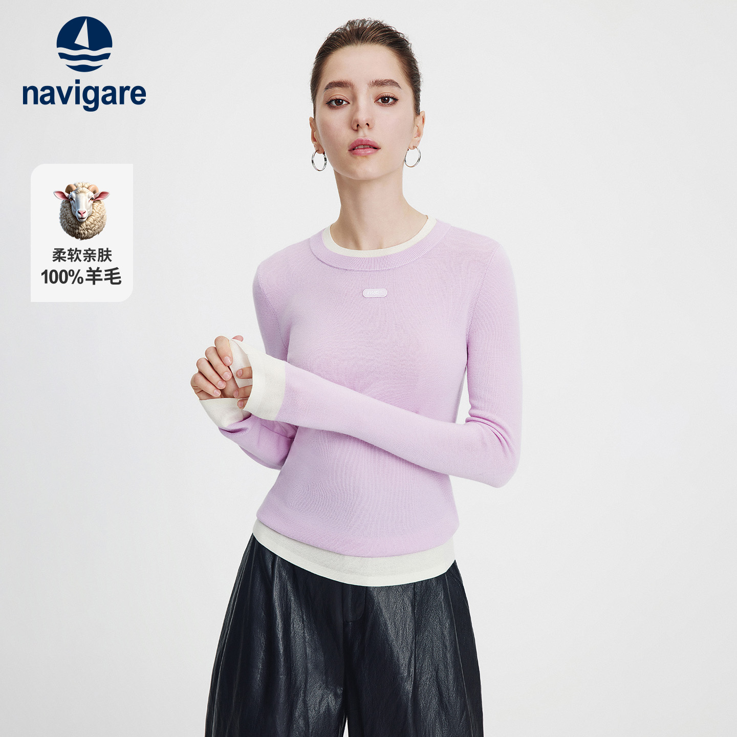 Navigare意大利小帆船圆领毛衣女士2025秋季新款纯羊毛薄款针织衫