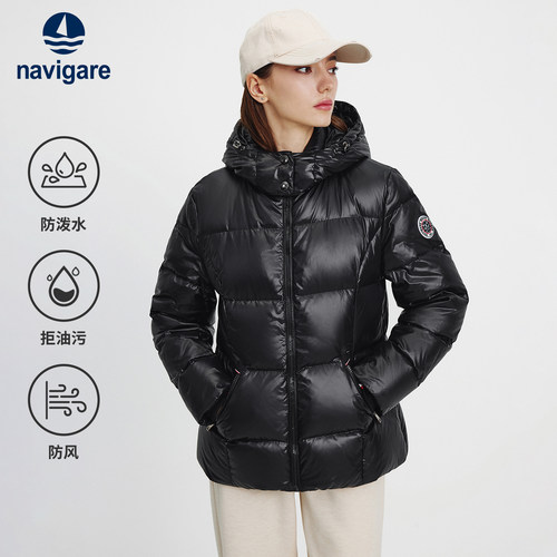 [三防]Navigare意大利小帆船连帽羽绒服女士冬季新款黑色保暖外套