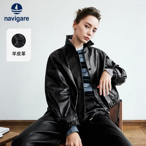 Navigare小帆船2026秋季松弛感翻领真皮皮衣女士短款黑色夹克上衣
