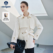 Navigare意大利小帆船秋冬季 风衣外套女士白色纯羊毛呢大衣 中长款