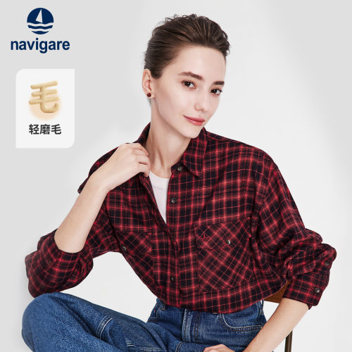 Navigare小帆船2026秋季新款复古风格子衬衫女士宽松长袖翻领衬衣