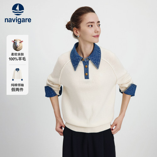 [纯羊毛]Navigare意大利小帆船牛仔翻领假两件毛衣女士休闲针织衫